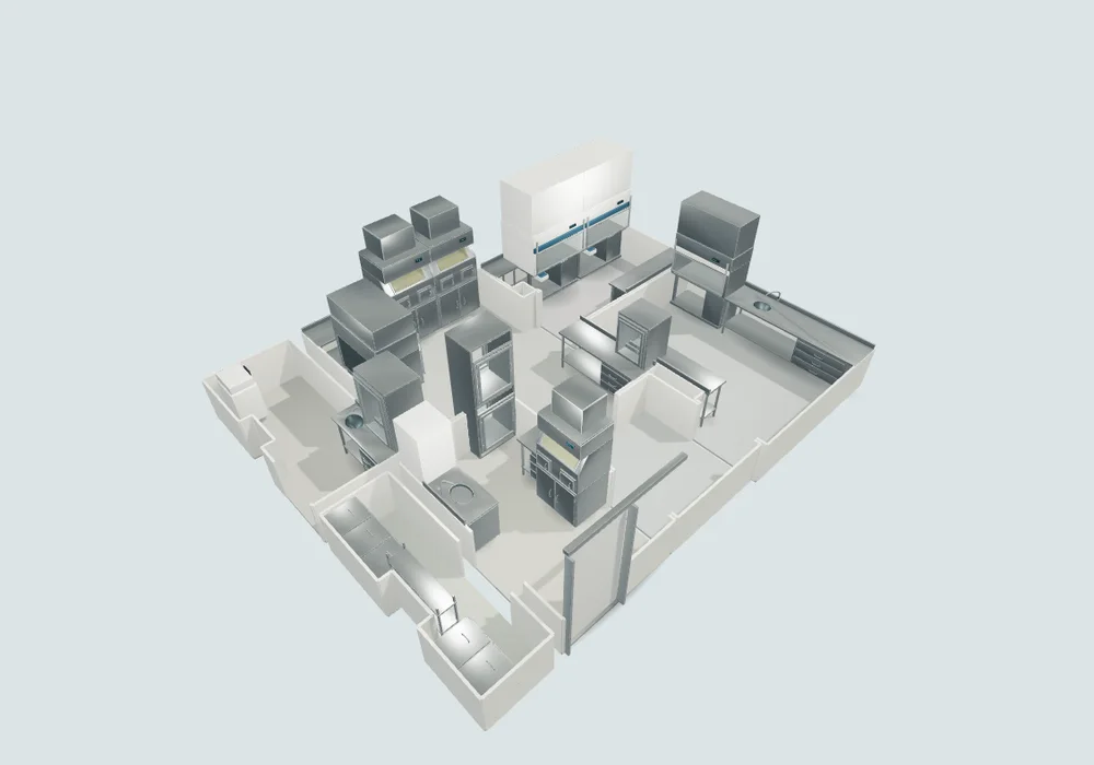 Recreación 3D de la nueva radiofarmacia: estancias con cabinas, ventanas de transferencia y mobiliario de acero inoxidable.